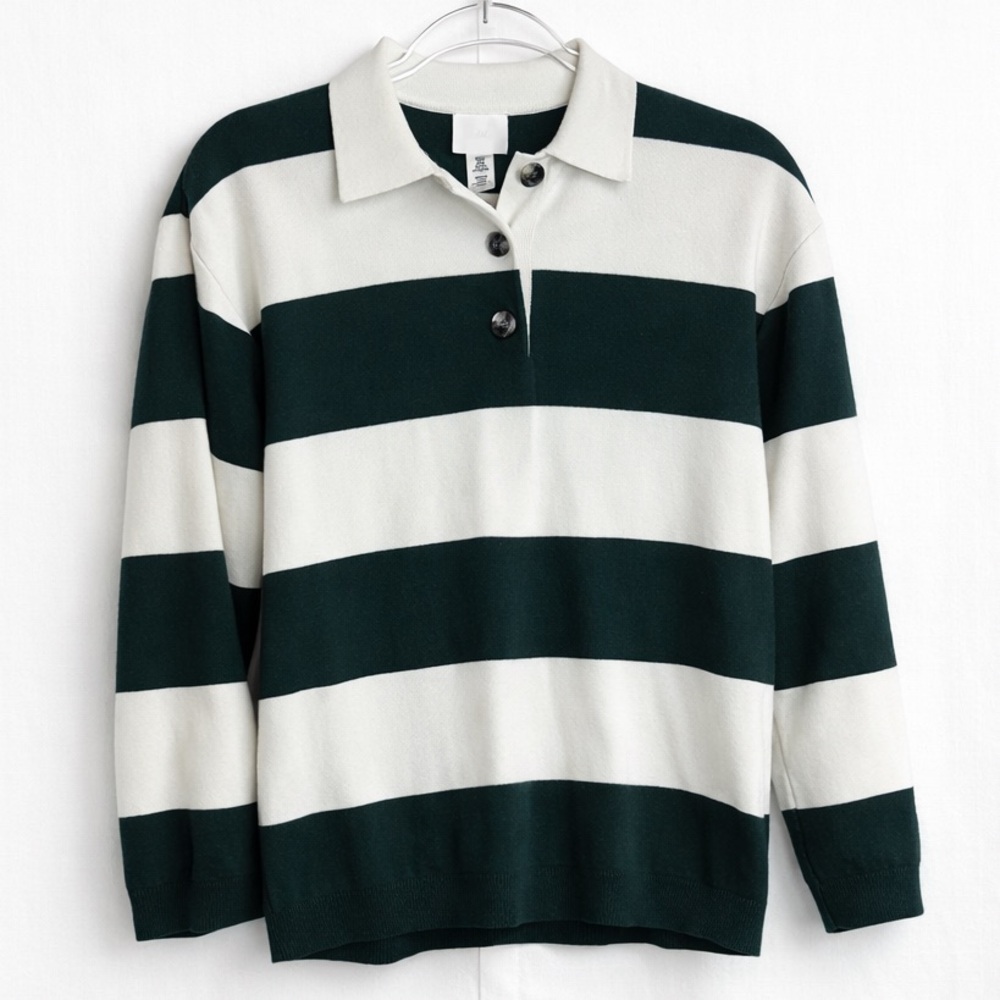 H&M Ladies Green and White Buttoned Polo Sweater Size XS